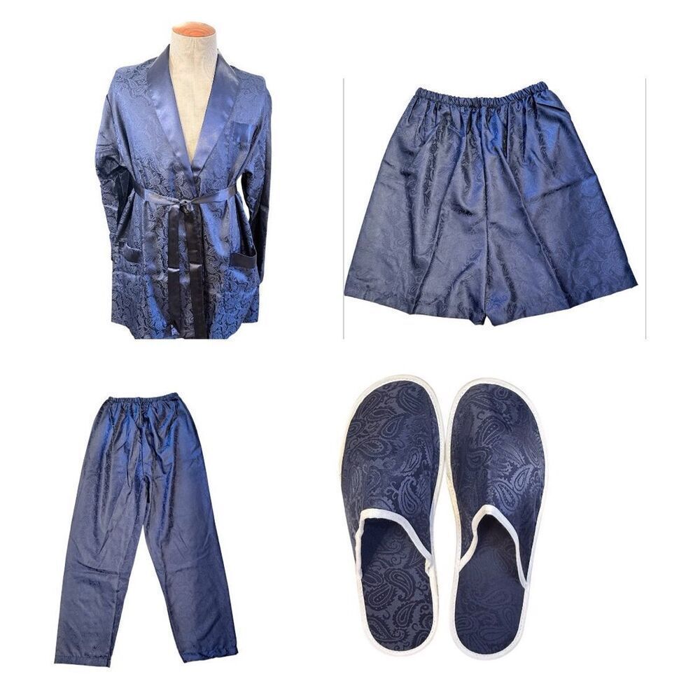 Pajamas Men’s 4-Piece Set Robe Shorts Pants Slippers Sz. M Blue Satin